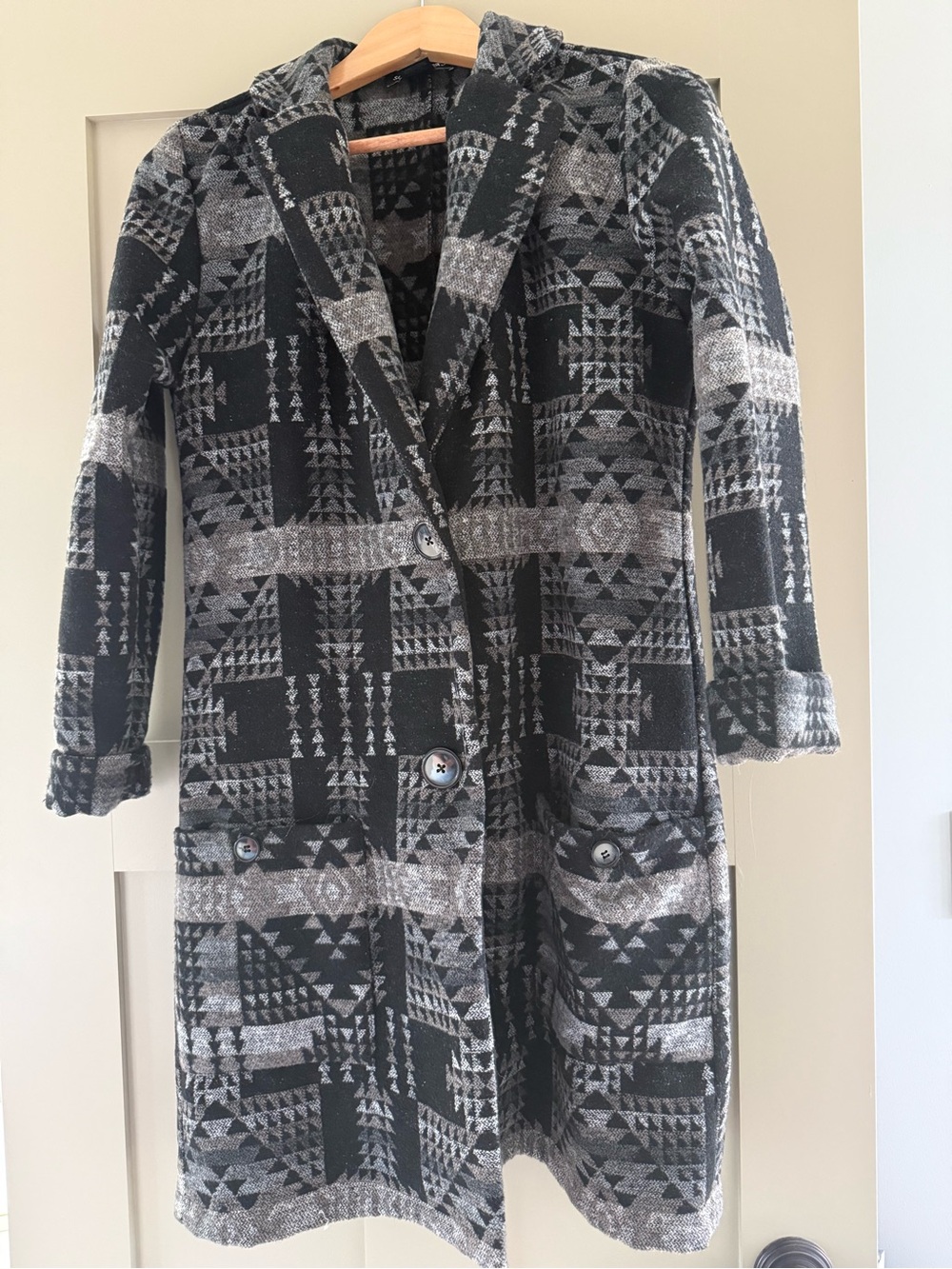 Black & Gray Patterned Notch-Collar Coat